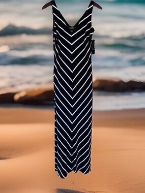 Lauren Ralph Lauren Dress Sz 6 Navy & White Chevron Maxi V-Neck Sleeveless.